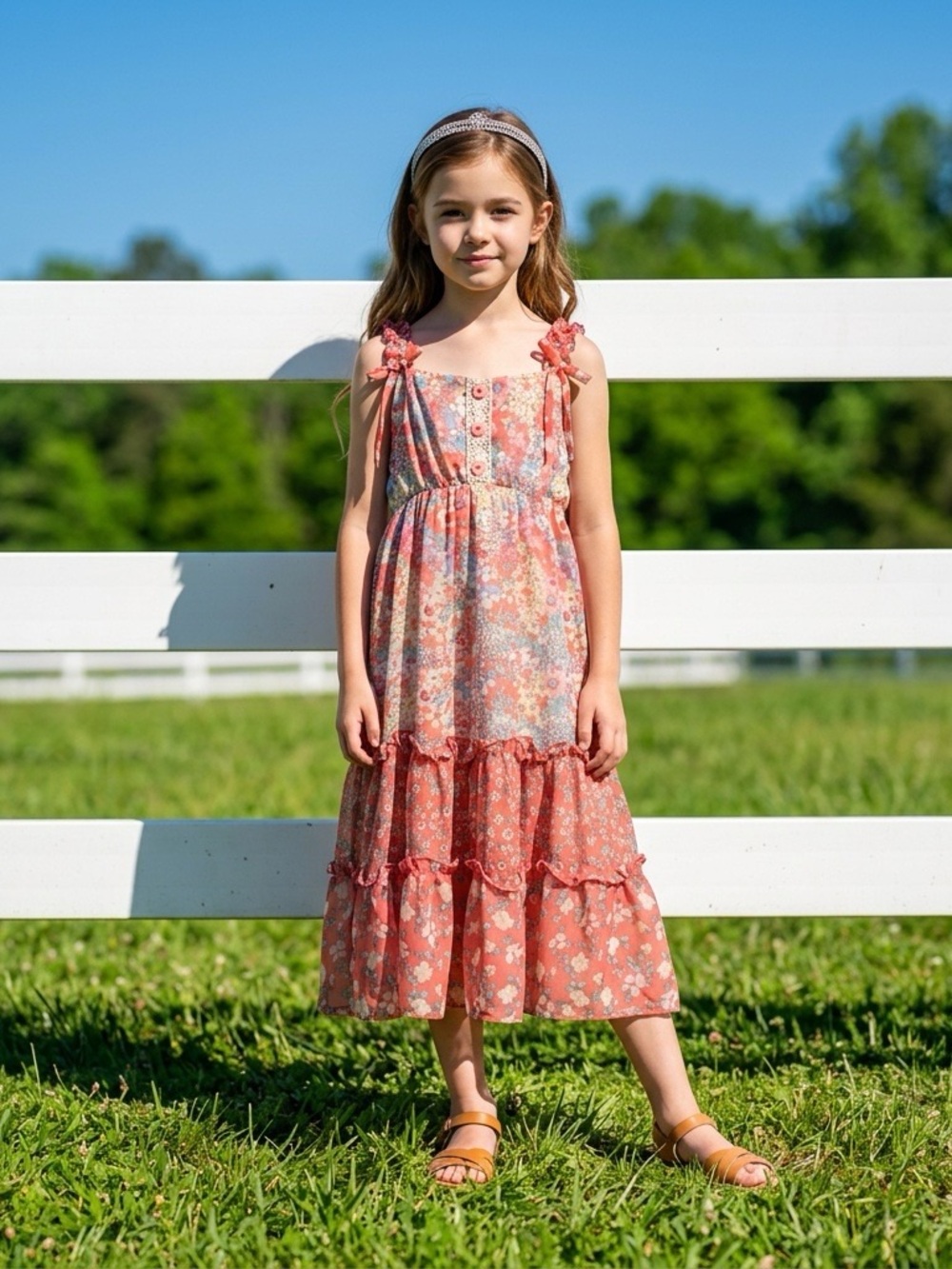 Jona Michelle Girls Pink Floral Tiered Maxi Dress Size 5 Boho Cottagecore
